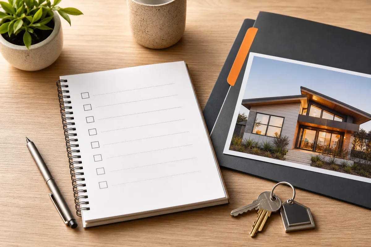 Property campaign checklist beside listing photography and approval materials
